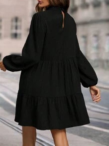 SHEIN Clasi 立領純色拼接長袖娃娃裙 - 黑色 - 查看 2