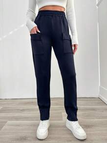 SHEIN Cottnline Solid Color Pocket Cargo Long Pants - Navy Blue - View 1