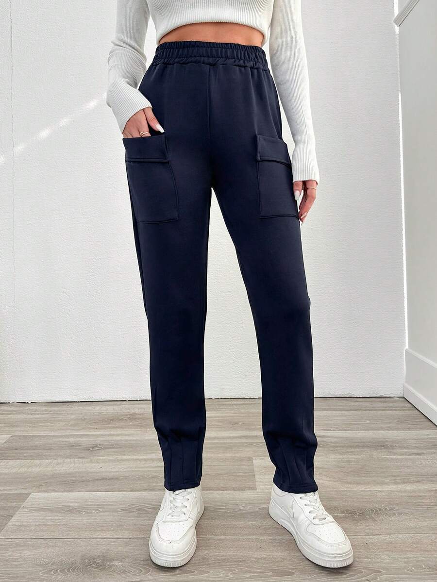 SHEIN Cottnline Solid Color Pocket Cargo Long Pants - Navy Blue - View 1