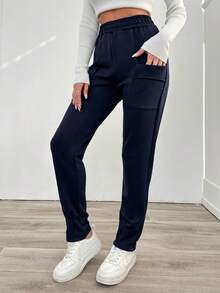 SHEIN Cottnline Solid Color Pocket Cargo Long Pants - Navy Blue - View 3