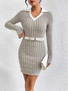 SHEIN Essnce Của phụ nữ Khối màu Vòng cổ Đóng gói Hông Váy bodycon - Màu be - Xem 6