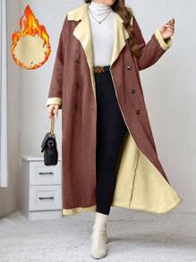 Calvaya Plus Size Double-breasted Long Coat With Velvet Lining - Brown - View 3