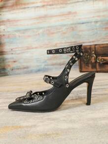 Women's Pointed Toe High Heels With Cool Stiletto Heel And Rivet Decor Pumps - Black - View 6