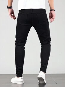 Manfinity Homme Men's Solid Color Slim Fit Jeans, Plain Slim Fit Dark Jeans Long Plain Black Washed Cargo Jeans, For Husband, Boyfriend Gifts Work Going Out Street Vacation College - Black - View 2