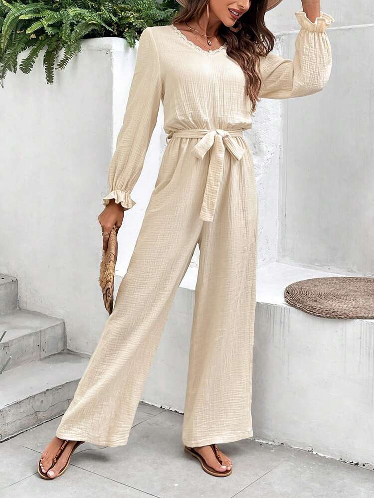 Solid Color Lace Splicing Strap Jumpsuit