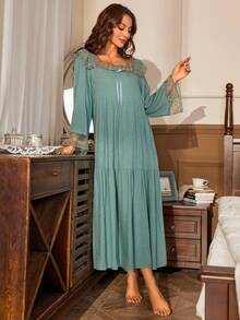 女士刺繡網布落肩睡衣連身裙 - 綠色 - 查看 4