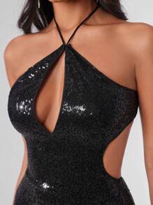 Taranthola Designer Cut Out Split Thigh Glittery Sparkle Sequin Halter Dress Outfit, Summer Elegant Dress, Sundress For Holiday, Party, Birthday Outfits, Festival, Wedding Prom Dress - Black - View 6
