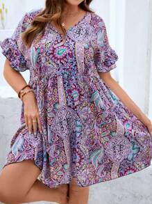 SHEIN Clasi Plus Paisley Print Flounce Sleeve Dress - Multicolor - View 3