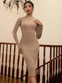 SHEIN Privé Của phụ nữ Tay áo dài Áo len dệt kim Đầm - Màu Khaki - Xem 4