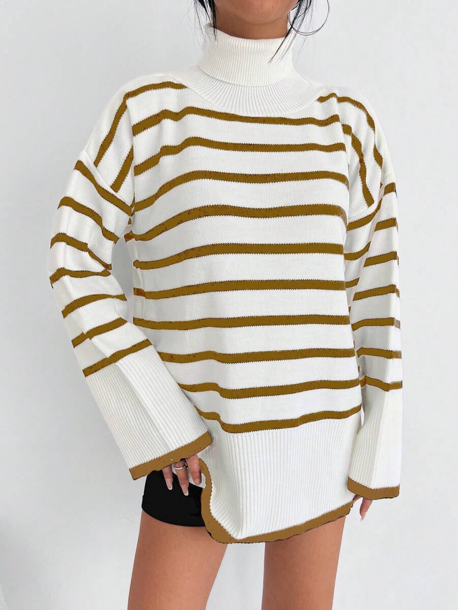 SHEIN Cottnline سويتر النساء ذو الرقبة العالية المخطط والكتف المنخفض مع شق أمامي في الحافة - بيج - مشاهدة 1