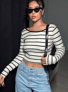 SHEIN Unity 条纹图案短款针织套头衫，适合秋冬季穿着 - 黑與白 - 查看 4