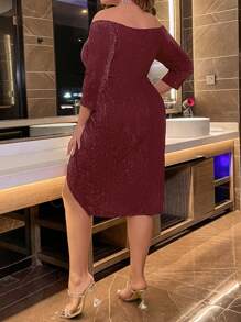 Cravure Plus Size Deep Red Off Shoulder Shiny Slit Dress - Burgundy - View 2