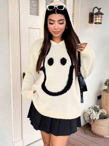 Flirla Plus Size Cartoon Face Pattern Hooded Sweater Knit Pullover Fall Winter Sweater - Beige - View 4