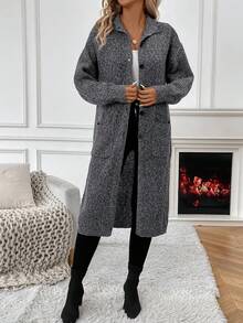 SHEIN Essnce 雙口袋下垂肩扣釦針織外套 - 灰色 - 查看 5