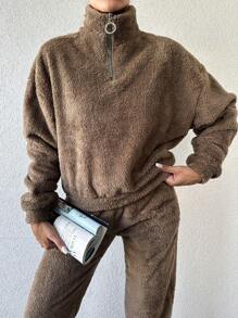 EURMUSE Half Zip Drop Shoulder Teddy Sweatshirt & Pants - Brown - View 5