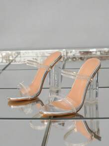 de moda de mujeres cristal transparente Zapatos de tacón de aguja con con diamante de imitación con diseño con hebilla fácil a desgaste cómodo Sandalias - Plateado - Ver 3