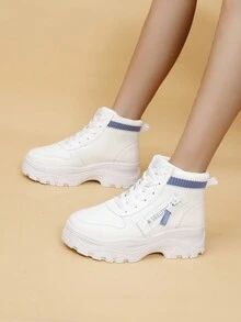 秋冬厚底增高靴時尚休閒白色女運動鞋百搭短靴及踝靴 - 白色 - 查看 6