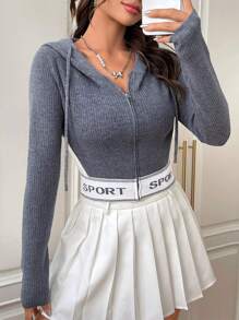 SHEIN EZwear 字母圖案短修身連帽拉鍊前開襟衫 - 彩色 - 查看 6