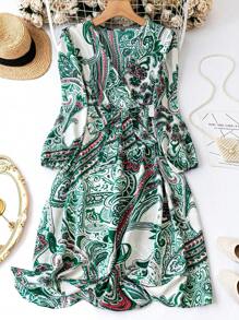 SHEIN Clasi Kích thước lớn Paisley In Váy có thắt lưng - màu xanh lá - Xem 1