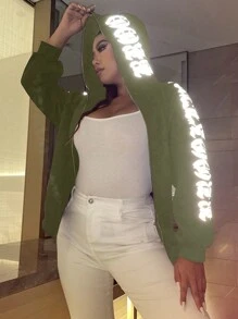 Flirla Áo nỉ dáng rộng in chữ phản quang, đa năng cho mùa thu/đông. - xanh quân đội - Xem 5