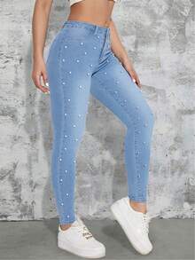 Pantalones sexys ajustados decorados con remaches de perlas - Lavado ligero - Ver 5