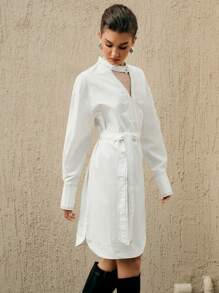 Anewsta Keyhole Neckline Drop Shoulder Belted Dress