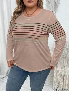 SHEIN LUNE Kích thước lớn Sọc & In Vòng cổ Áo thun - Màu Khaki - Xem 5