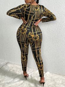 Slaydiva 女士加肥鏈印花連身褲,大圓領設計 - 黑色 - 查看 2