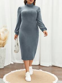 SHEIN Frenchy 大碼高領燈籠袖洋裝 - 藍色 - 查看 5