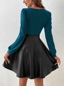 SHEIN Frenchy Của phụ nữ Khối màu Vòng cổ Tay áo dài Đầm - Màu xanh bạc hà - Xem 2