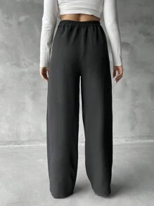 SHEIN Cottnline Women's Plus Size Solid Color Wide Leg Pants - Black - View 2