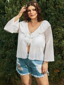 SHEIN Swim Curve Kimono mùa hè buộc dây phía trước viền bèo nhún cỡ lớn - trắng - Xem 4