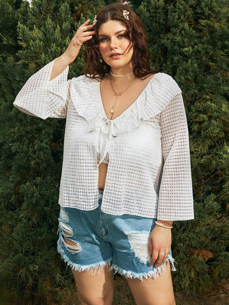 SHEIN Swim Curve 大码荷叶边饰前系带和服夏季 - 白色 - 查看 4