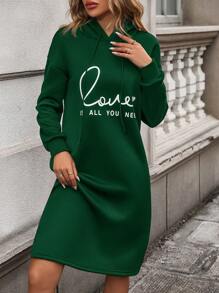 SHEIN LUNE Women's Hooded Long Sweatshirt Dress With Letter Pattern - Dark Green - View 3