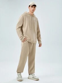 GENTILAND Men Letter Graphic Drawstring Hoodie & Joggers - Khaki - View 3