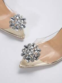 Women's Elegant Round Crystal Shiny Diamond High Heel Pumps With Unique Heel Design - Gold - View 5