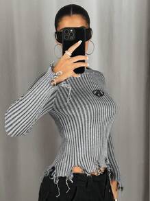 SHEIN ICON 秋冬条纹破洞毛衣 - 灰色 - 查看 6