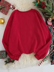 SHEIN EZwear 女士圓領下垂肩毛絨衫,帶有聖誕酒杯圖案 - 紅色 - 查看 2