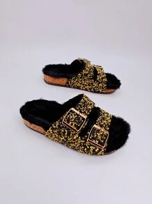 roulvxiang New Arrival Double Buckle Diamond Glitter Slides Pink Fashion Flat Slippers Women's Flat Sandals For Casual, Home, Street, Travel - Black - View 2