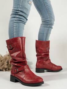 Fashionable Ladies' Wrinkled Leather Mid-calf Boots 2023 New Black Wrinkled Leather Buckle Mid-calf Boots - Burgundy - View 5