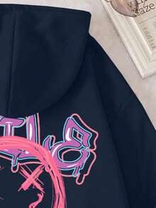 SHEIN EZwear 卡通圖形下垂肩連帽衛衣 - 藏蓝色 - 查看 3