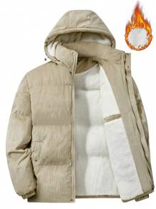 Men's Solid Color Thermal Lined Hooded Jacket - Khaki - View 1