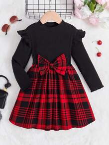 SHEIN Young Girl Plaid Patchwork School Style Dress With Bowknot Detail, Long Sleeve