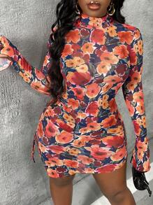 Slaydiva Đầm ôm sát in hoa, dây rút bên hông. - Nhiều màu - Xem 2