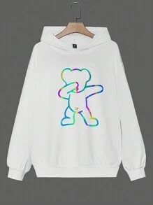 SHEIN EZwear Plus Reflective Bear Print Drop Shoulder Hoodie - White - View 1