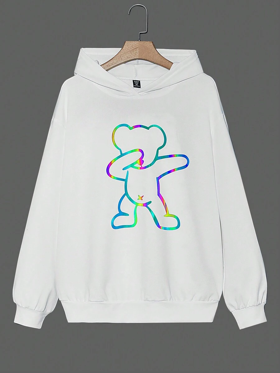 SHEIN EZwear Plus Reflective Bear Print Drop Shoulder Hoodie - White - View 1