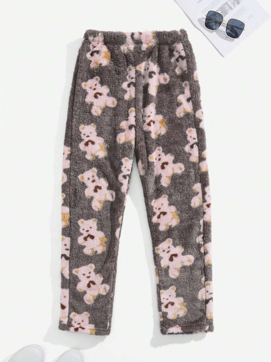 男士熊紋絨毛睡褲 - 粉色 - 查看 1