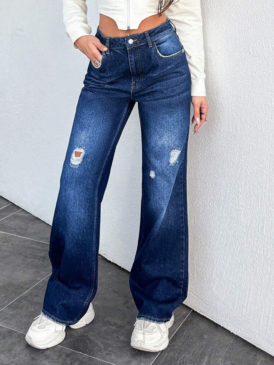 Ripped Straight Leg Jeans