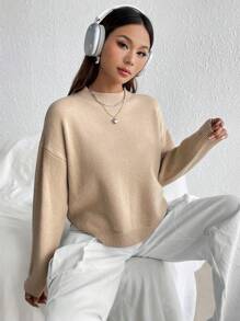 SHEIN Unity 女性寬鬆休閒基礎款毛衣 - 卡其色 - 查看 4