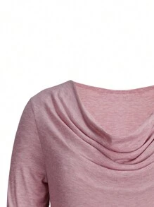 SHEIN LUNE Áo thun cổ xếp ly trơn Plus - Hồng - Xem 3